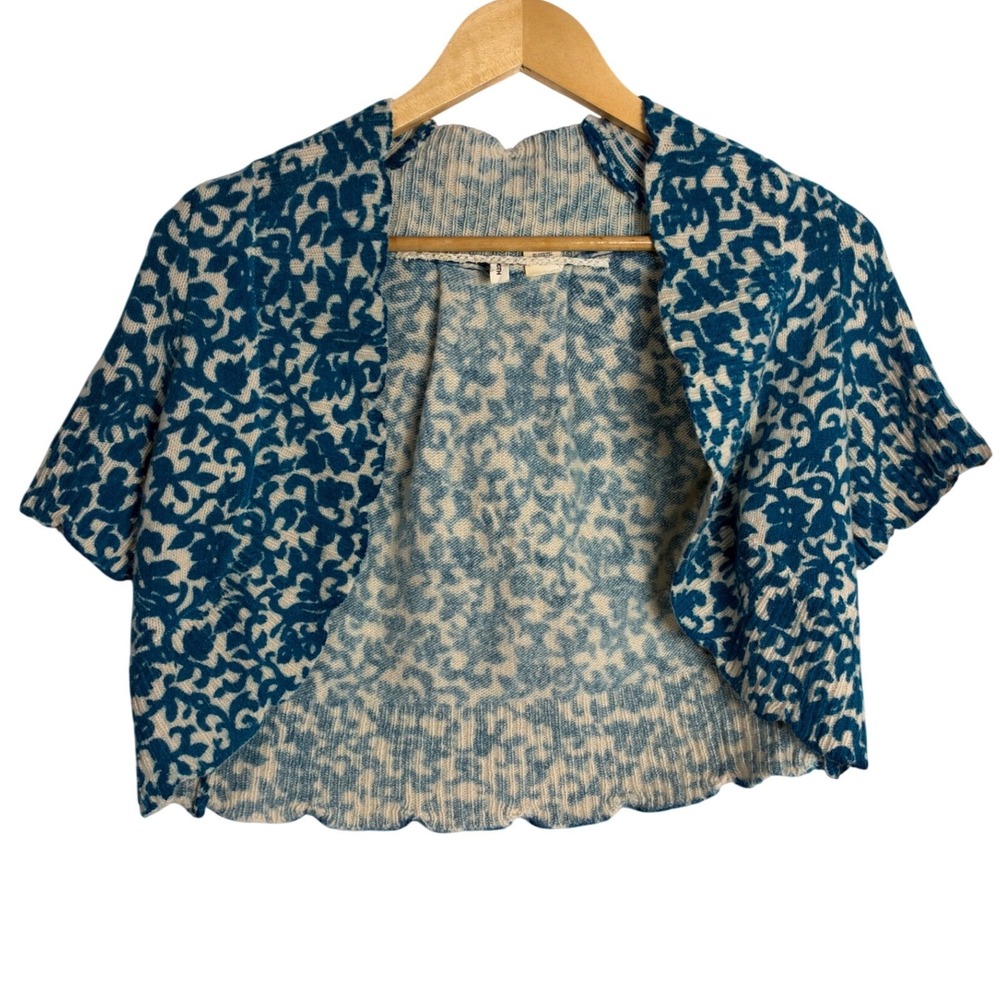 Moth Anthropologie teal Floral Wool Knit Shrug Bolero Short Sleeve Small boho